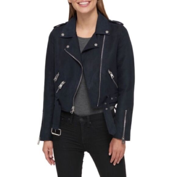 NWT MSRP $200 Levi's Faux Suede Moto Jacket Black Size Large - Picture 2 of 10